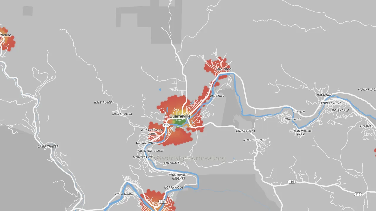 Walk Grade map of Guerneville, CA, walkable areas in green and car-dependent areas in red