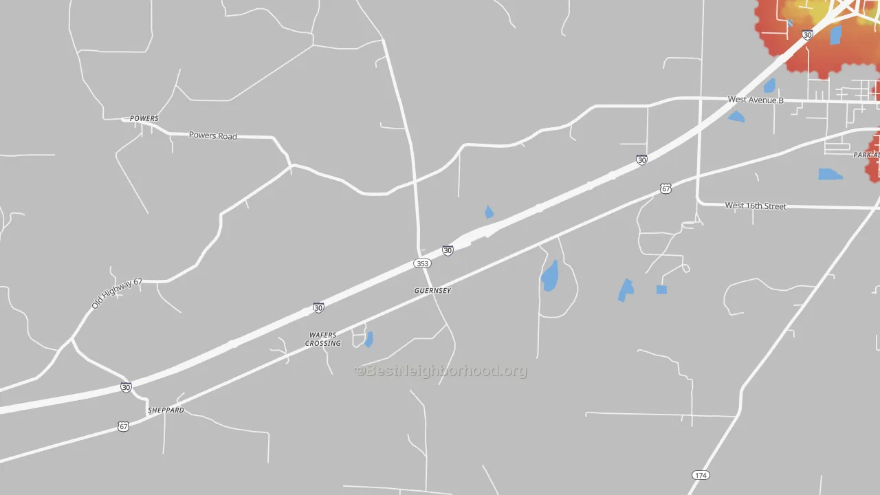 Walk Grade map of Guernsey, AR, walkable areas in green and car-dependent areas in red