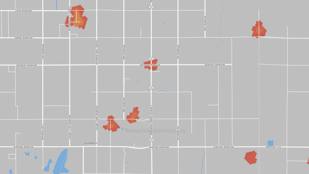 Walk Grade map of Guernsey, CA, walkable areas in green and car-dependent areas in red