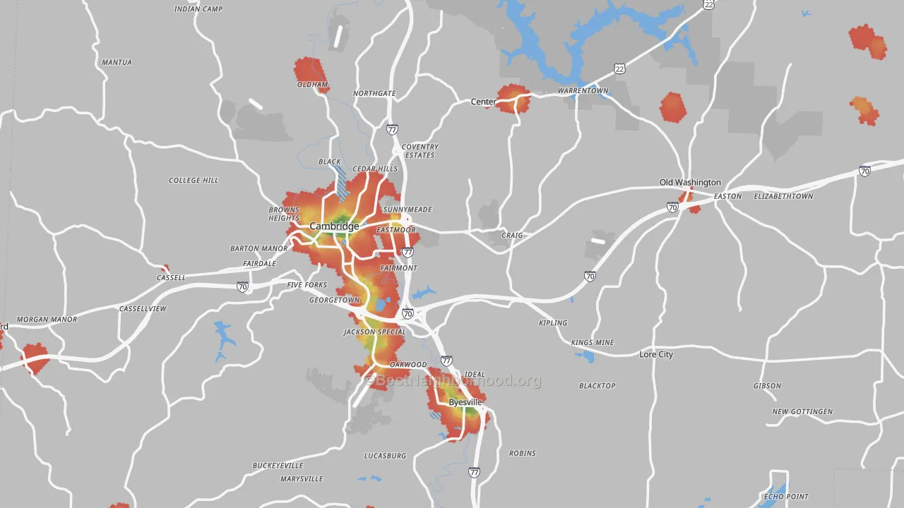 Walk Grade map of Guernsey County, OH, walkable areas in green and car-dependent areas in red