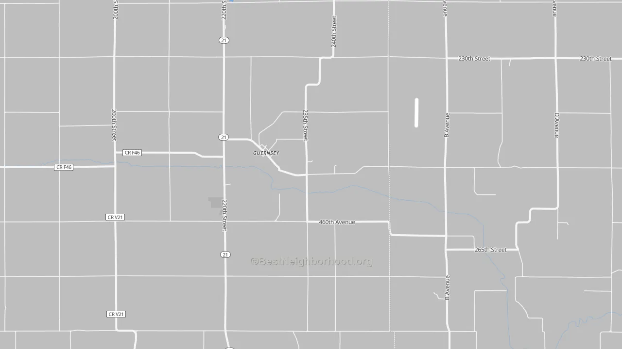 Walk Grade map of Guernsey, IA, walkable areas in green and car-dependent areas in red