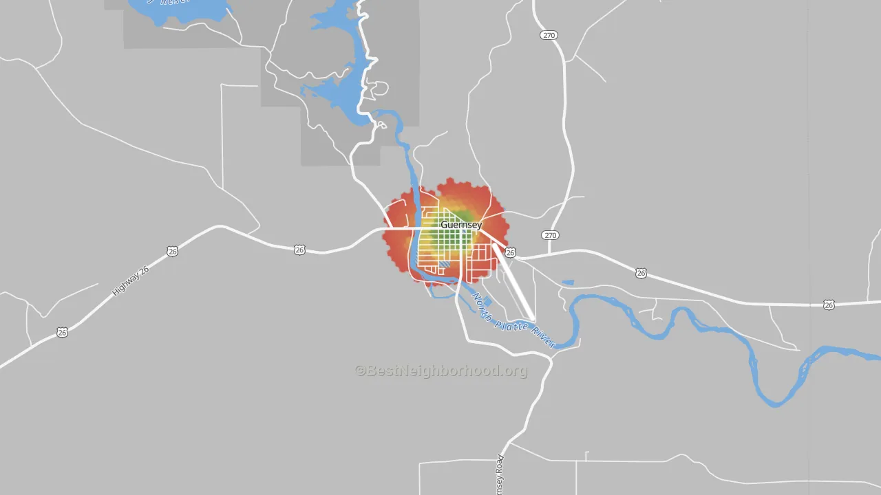 Walk Grade map of Guernsey, WY, walkable areas in green and car-dependent areas in red