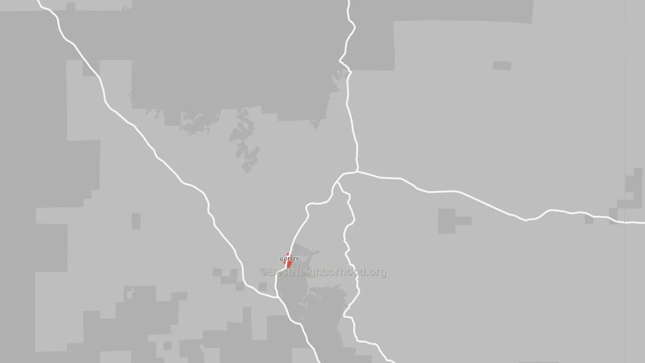 Walk Grade map of Guffey, CO, walkable areas in green and car-dependent areas in red