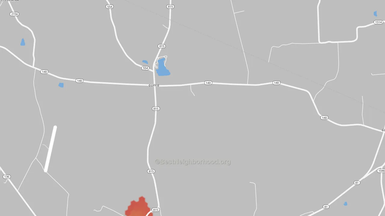 Walk Grade map of Guffie, KY, walkable areas in green and car-dependent areas in red