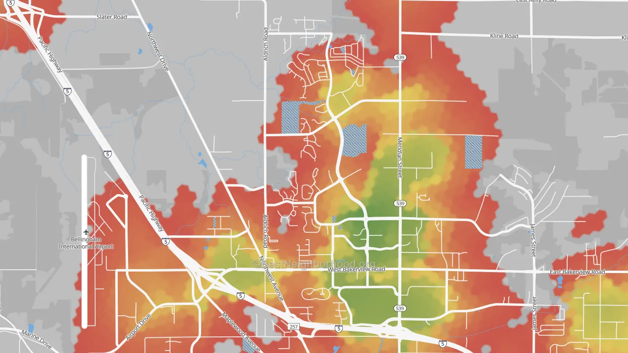 Walk Grade map of Guide Meridian, Bellingham, WA, walkable areas in green and car-dependent areas in red