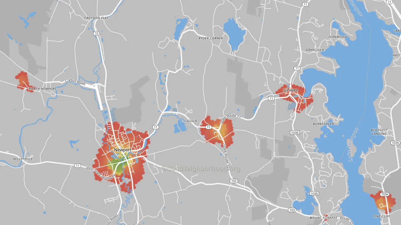 Walk Grade map of Guild, NH, walkable areas in green and car-dependent areas in red