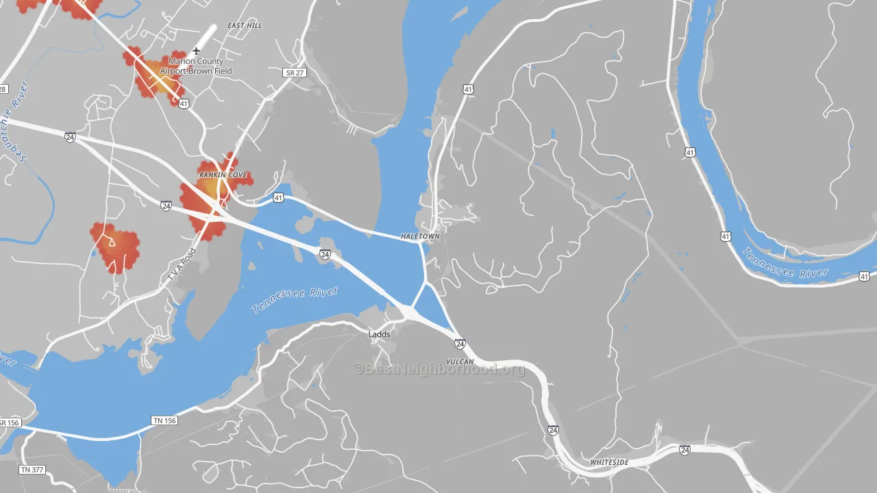 Walk Grade map of Guild, TN, walkable areas in green and car-dependent areas in red