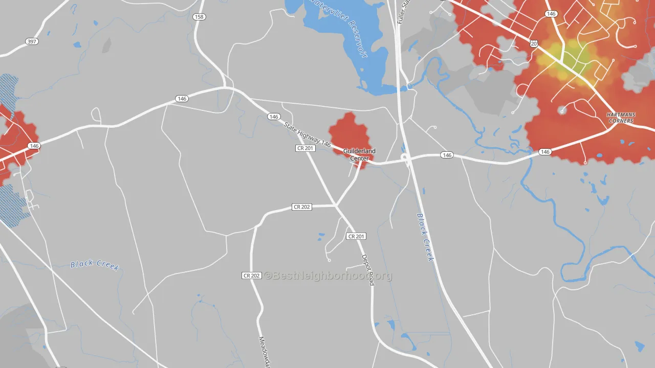 Walk Grade map of Guilderland Center, NY, walkable areas in green and car-dependent areas in red