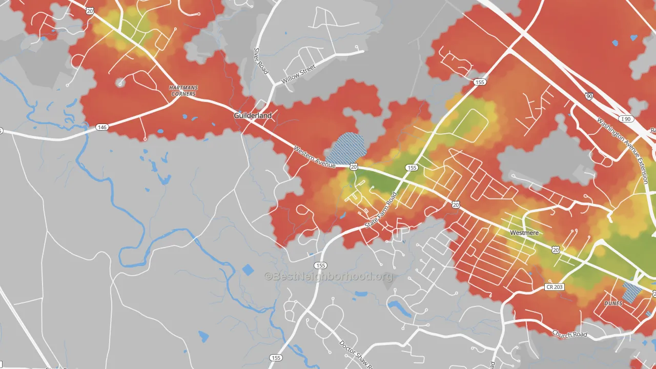 Walk Grade map of Guilderland, NY, walkable areas in green and car-dependent areas in red