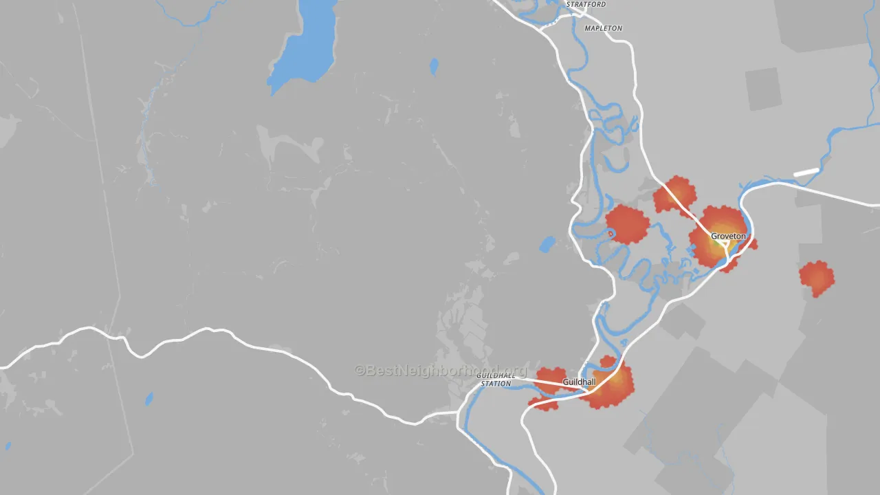 Walk Grade map of Guildhall, VT, walkable areas in green and car-dependent areas in red