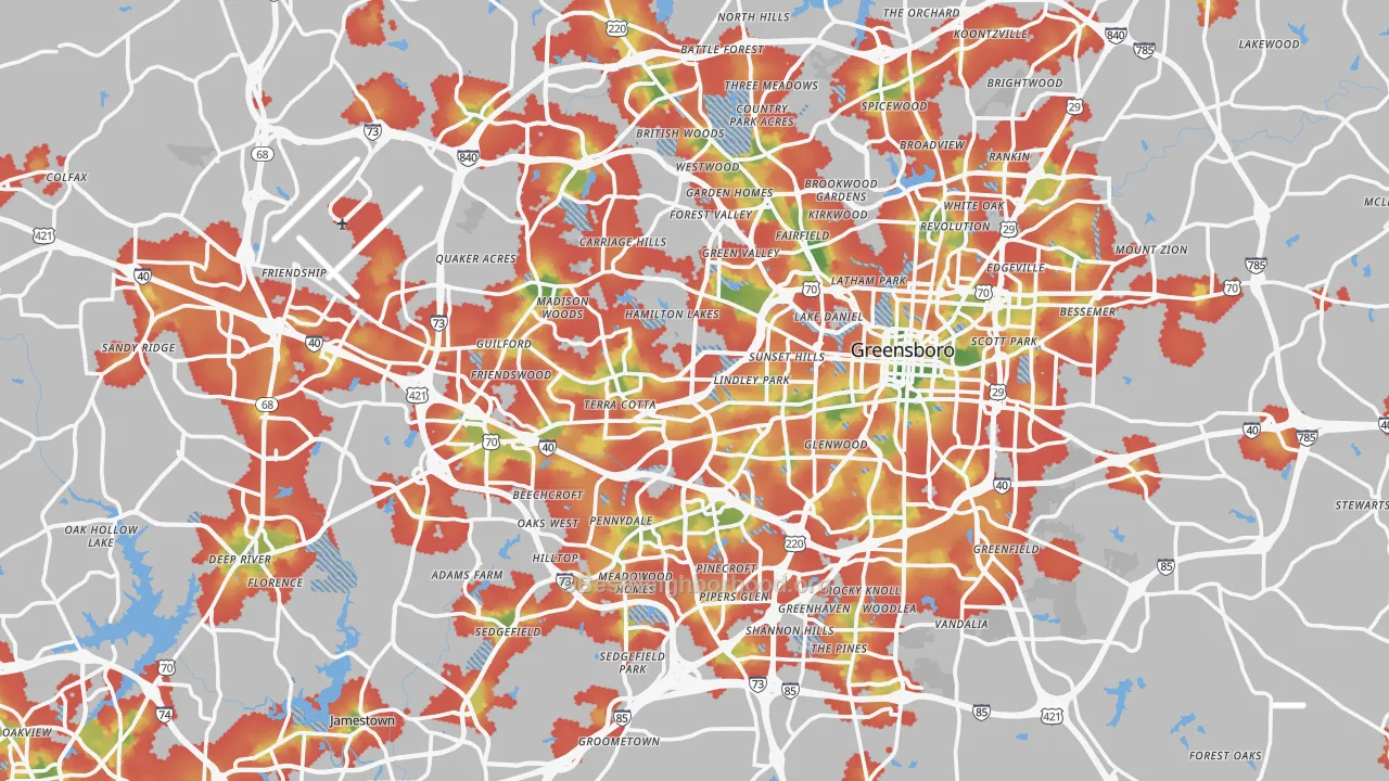 Walk Grade map of Guilford County, NC, walkable areas in green and car-dependent areas in red