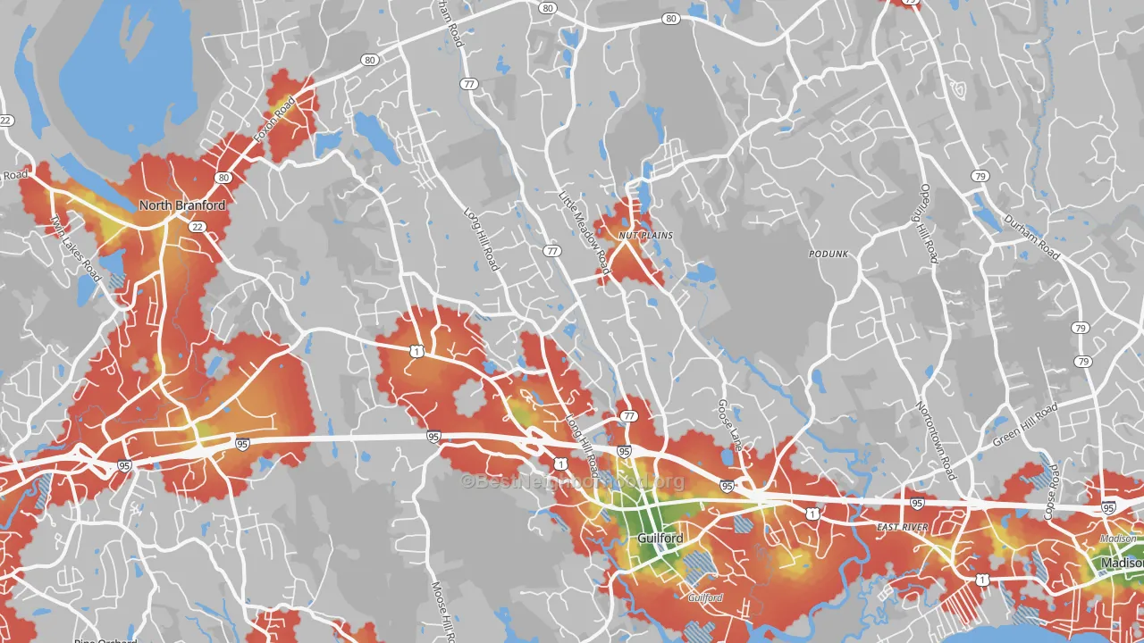 Walk Grade map of Guilford, CT, walkable areas in green and car-dependent areas in red