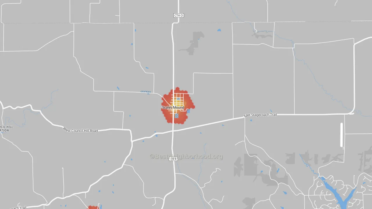 Walk Grade map of Guilford, IL, walkable areas in green and car-dependent areas in red