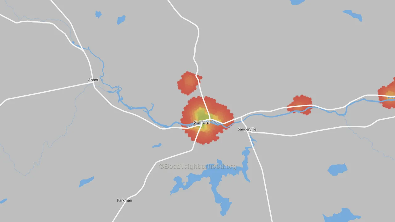Walk Grade map of Guilford, ME, walkable areas in green and car-dependent areas in red