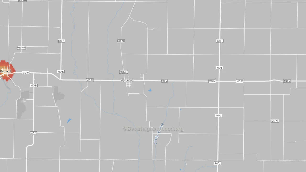 Walk Grade map of Guilford, MO, walkable areas in green and car-dependent areas in red
