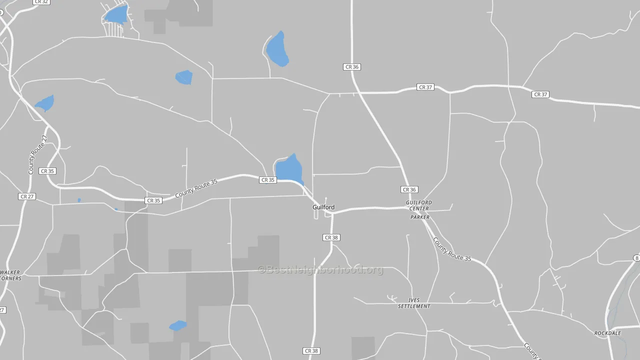 Walk Grade map of Guilford, NY, walkable areas in green and car-dependent areas in red
