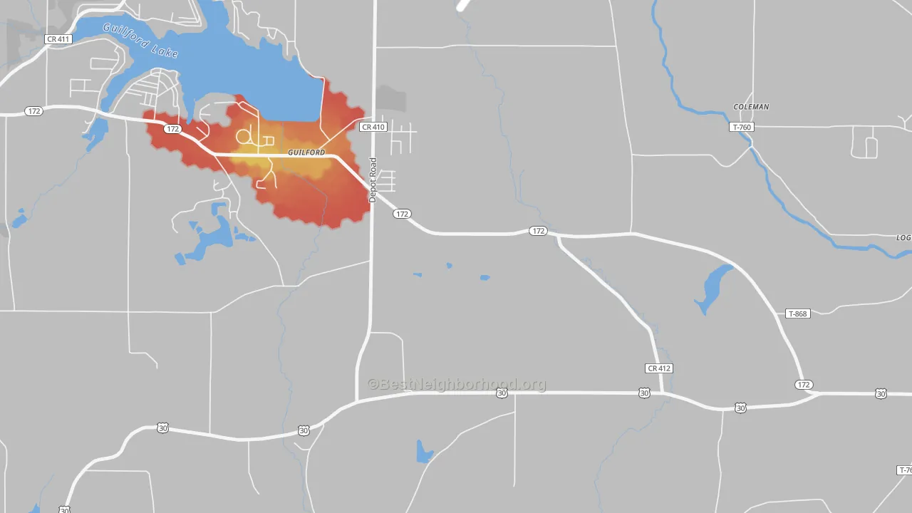 Walk Grade map of Guilford, OH, walkable areas in green and car-dependent areas in red