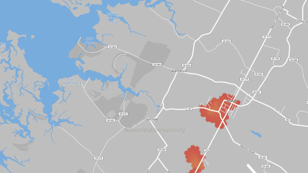 Walk Grade map of Guilford, VA, walkable areas in green and car-dependent areas in red
