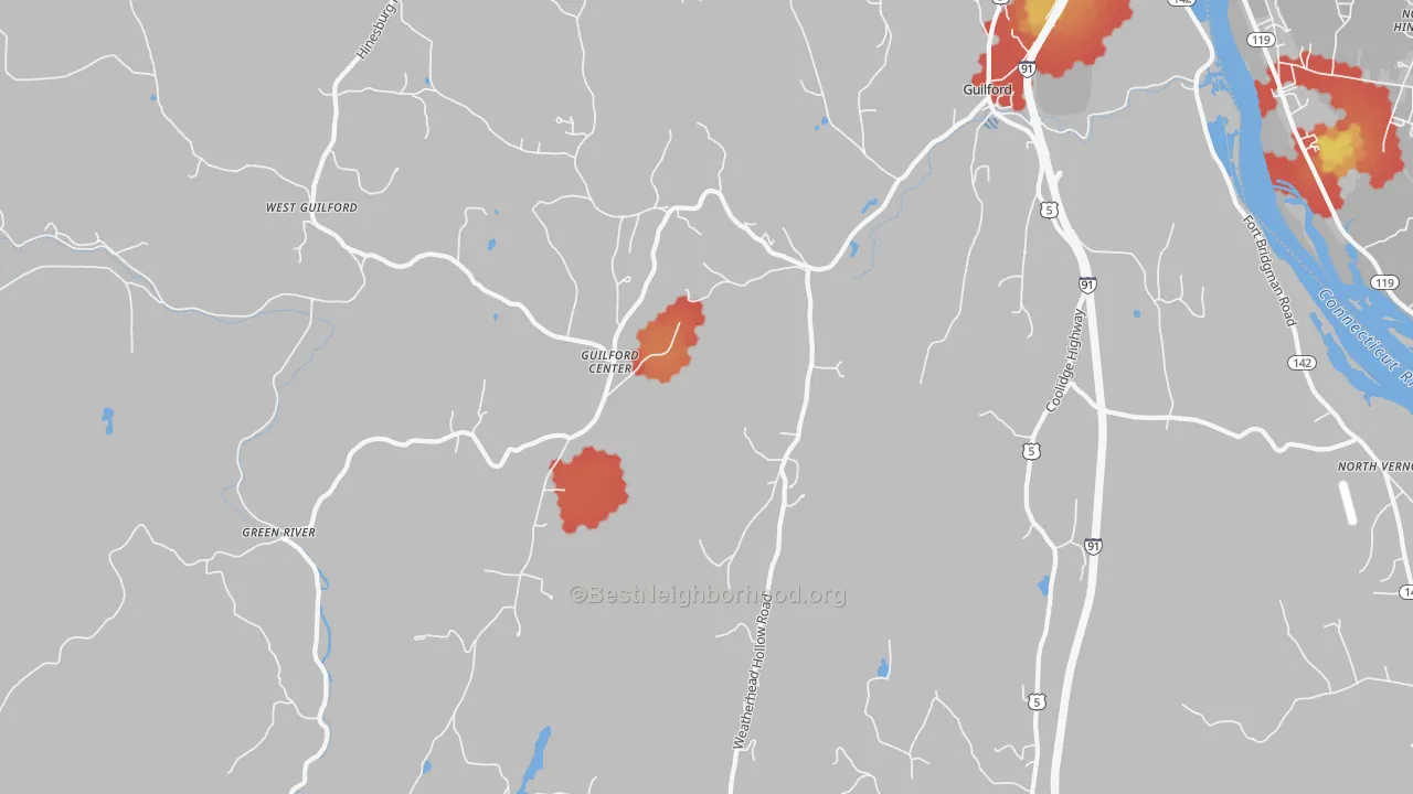 Walk Grade map of Guilford, VT, walkable areas in green and car-dependent areas in red