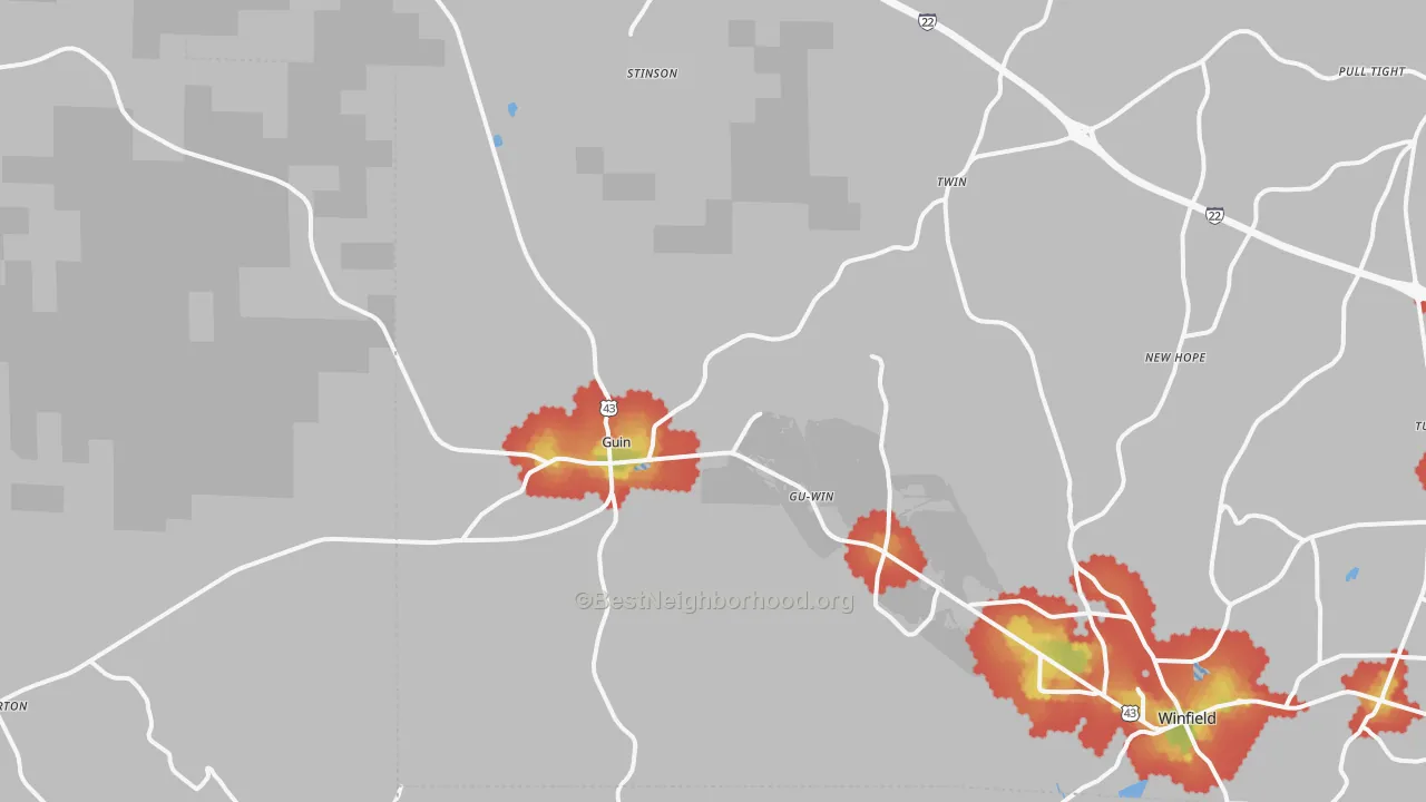 Walk Grade map of Guin, AL, walkable areas in green and car-dependent areas in red