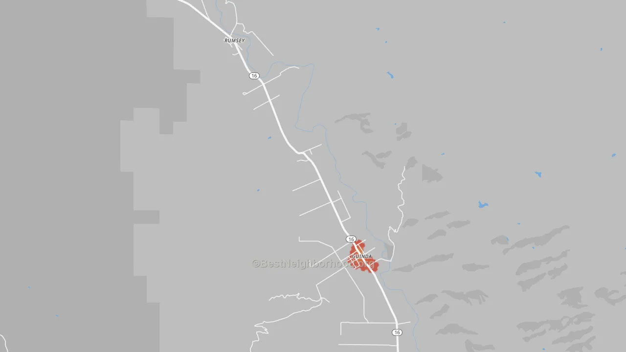 Walk Grade map of Guinda, CA, walkable areas in green and car-dependent areas in red
