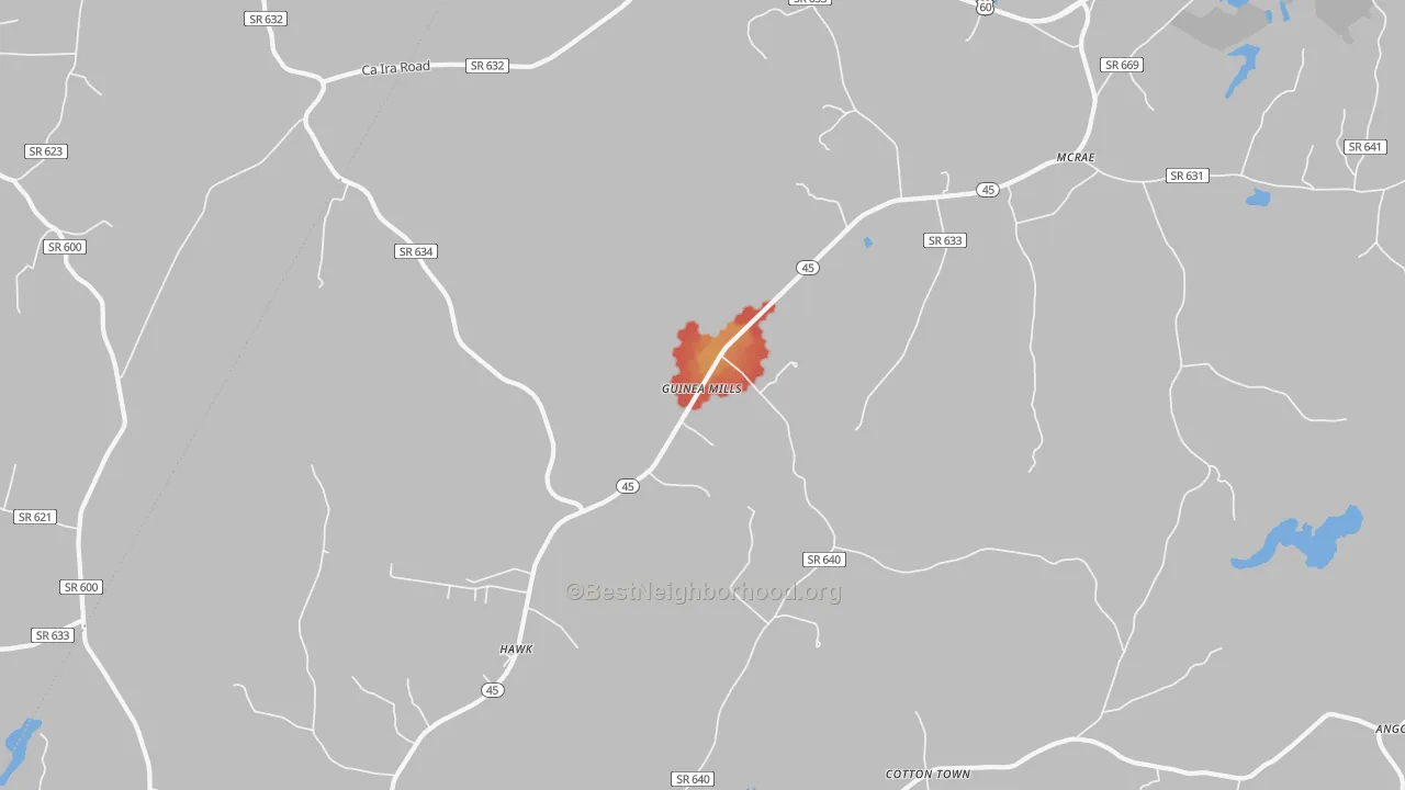 Walk Grade map of Guinea Mills, VA, walkable areas in green and car-dependent areas in red