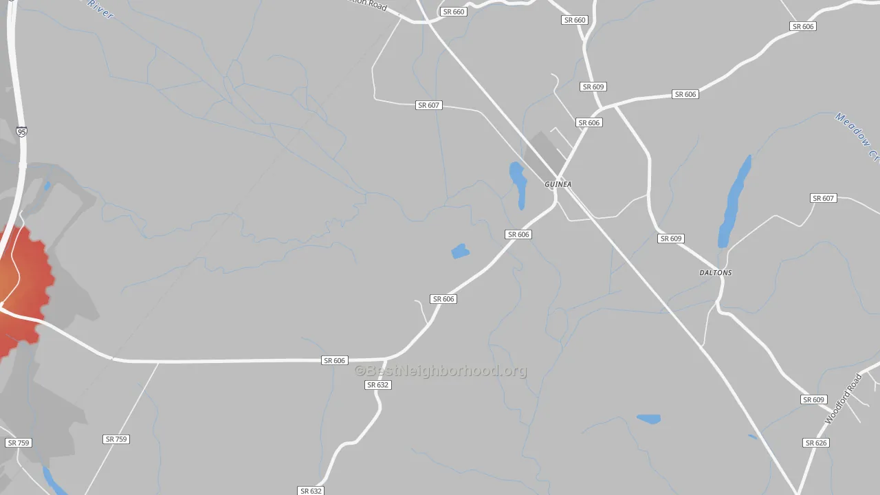 Walk Grade map of Guinea, VA, walkable areas in green and car-dependent areas in red