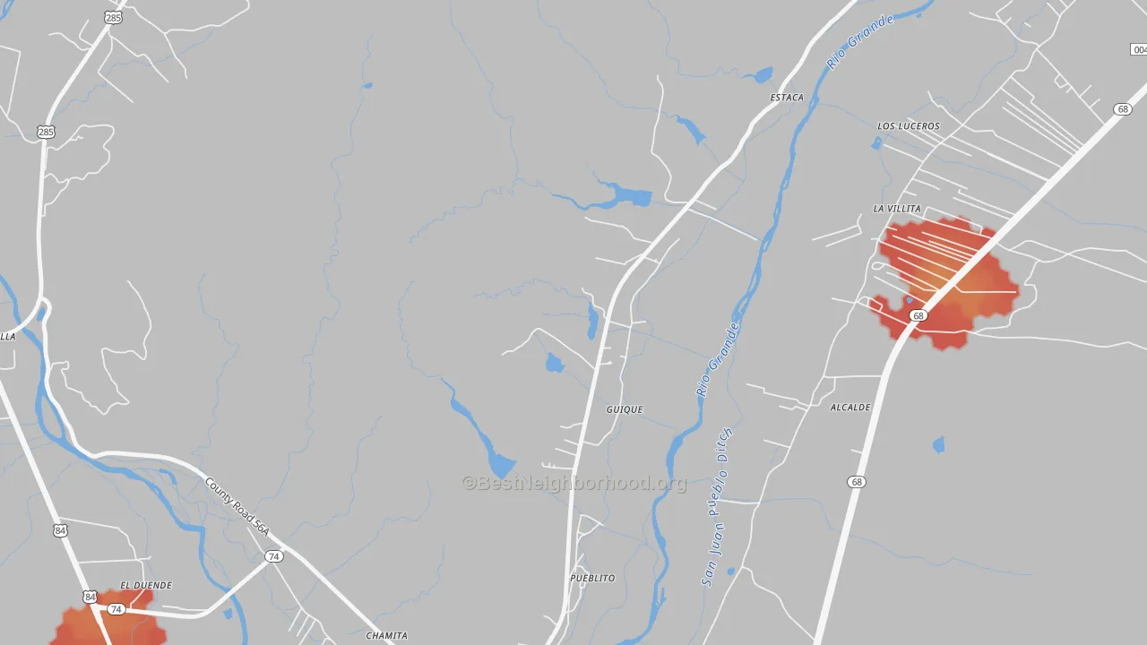 Walk Grade map of Guique, NM, walkable areas in green and car-dependent areas in red