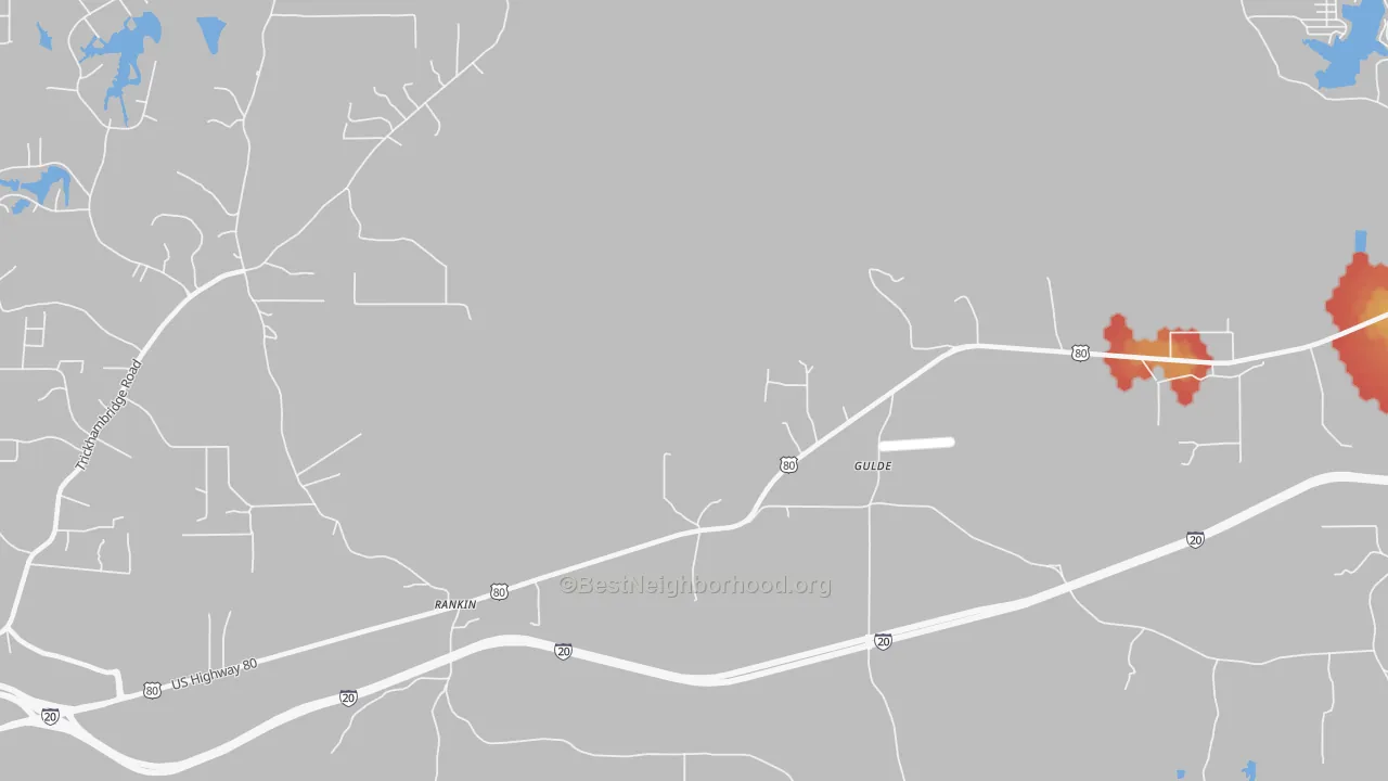 Walk Grade map of Gulde, MS, walkable areas in green and car-dependent areas in red