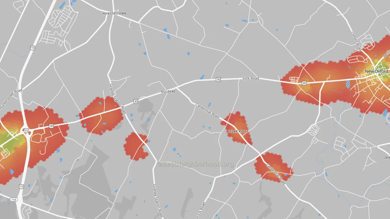Walk Grade map of Guldens, PA, walkable areas in green and car-dependent areas in red