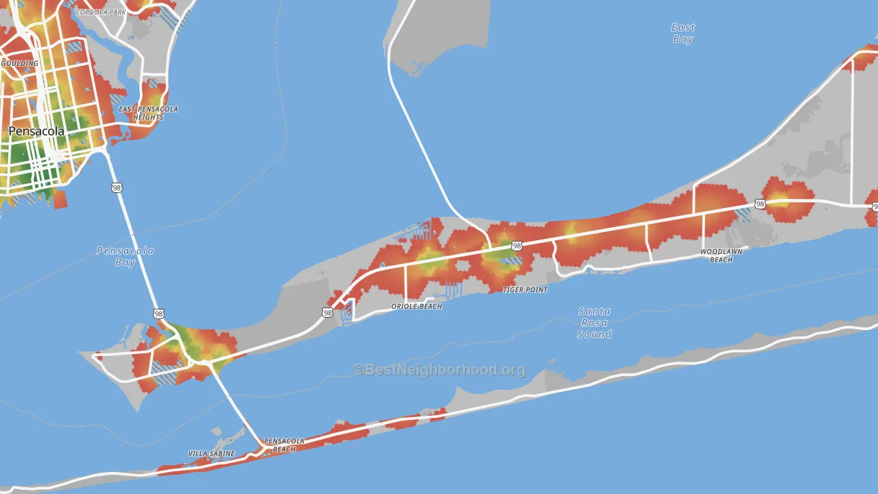 Walk Grade map of Gulf Breeze, FL, walkable areas in green and car-dependent areas in red
