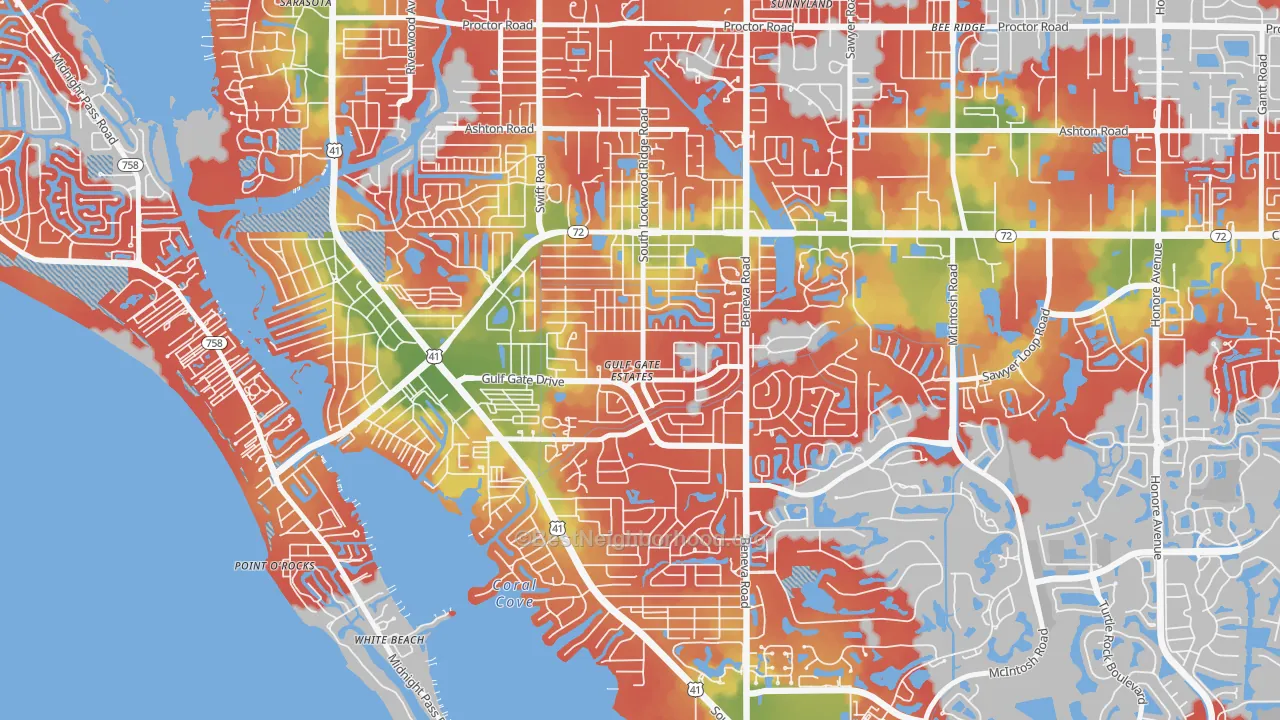 Walk Grade map of Gulf Gate Estates, FL, walkable areas in green and car-dependent areas in red