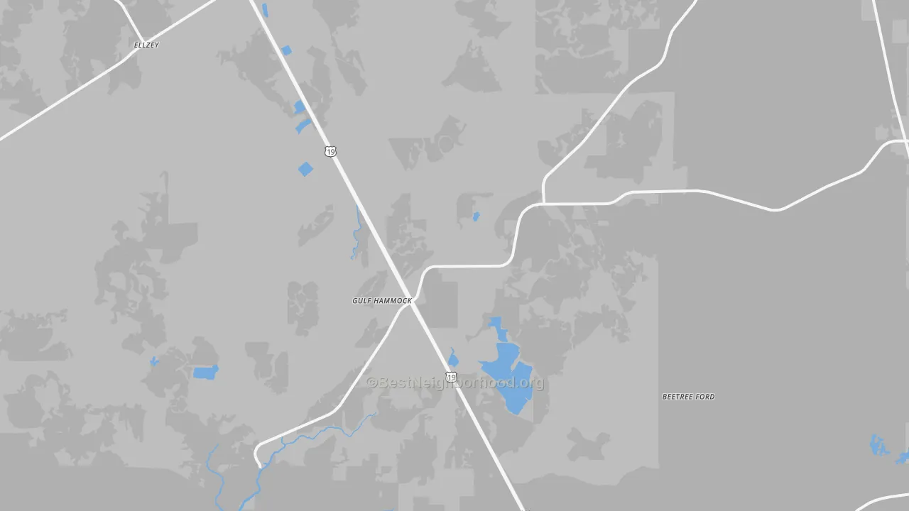 Walk Grade map of Gulf Hammock, FL, walkable areas in green and car-dependent areas in red