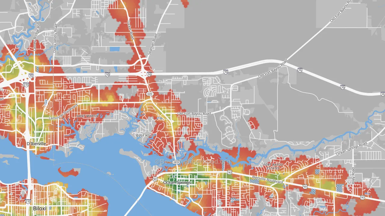 Walk Grade map of Gulf Hills, MS, walkable areas in green and car-dependent areas in red