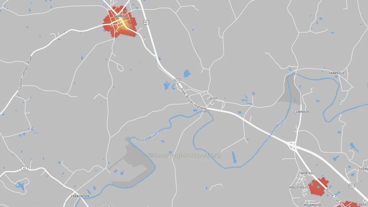 Walk Grade map of Gulf, NC, walkable areas in green and car-dependent areas in red