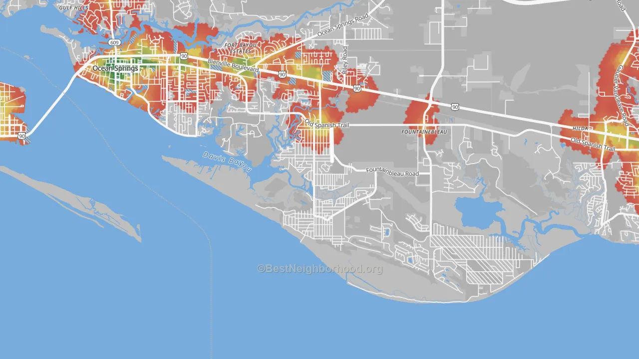 Walk Grade map of Gulf Park Estates, MS, walkable areas in green and car-dependent areas in red