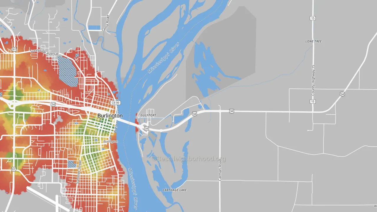 Walk Grade map of Gulf Port, IL, walkable areas in green and car-dependent areas in red
