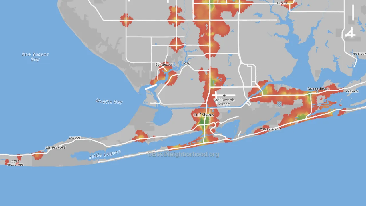 Walk Grade map of Gulf Shores, AL, walkable areas in green and car-dependent areas in red