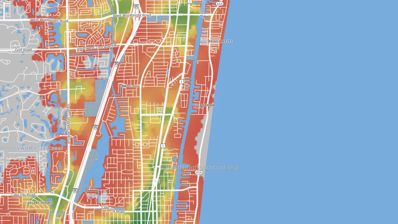 Walk Grade map of Gulf Stream, FL, walkable areas in green and car-dependent areas in red