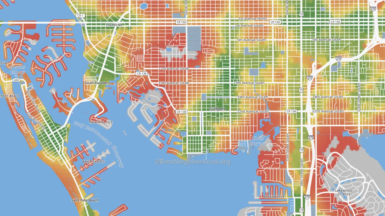 Walk Grade map of Gulfport, FL, walkable areas in green and car-dependent areas in red