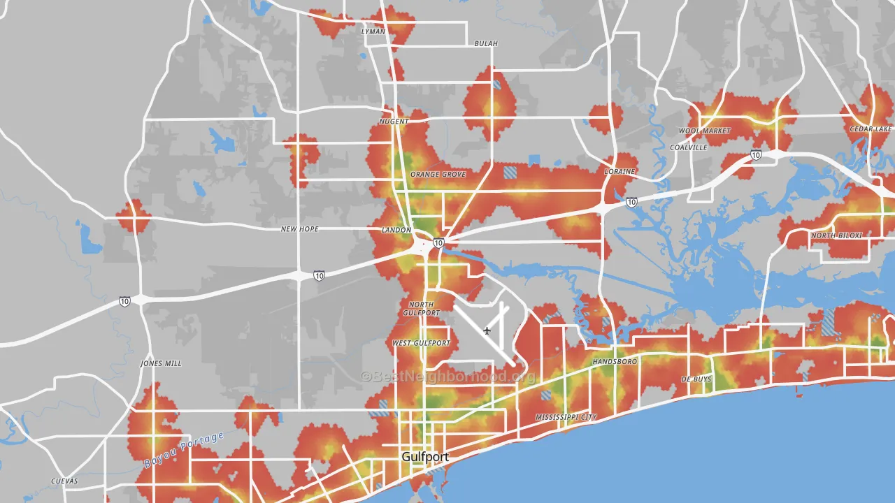 Walk Grade map of Gulfport, MS, walkable areas in green and car-dependent areas in red