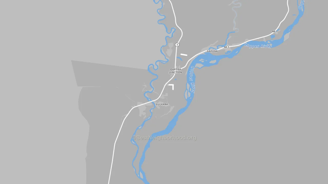 Walk Grade map of Gulkana, AK, walkable areas in green and car-dependent areas in red
