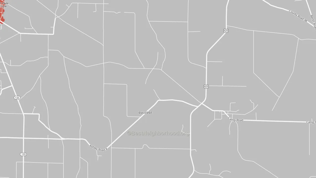 Walk Grade map of Gulledge, AR, walkable areas in green and car-dependent areas in red