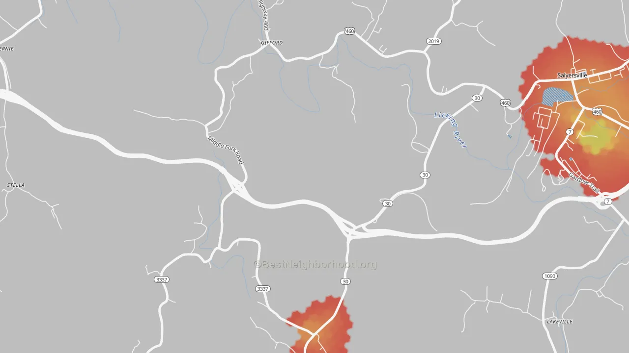 Walk Grade map of Gullett, KY, walkable areas in green and car-dependent areas in red