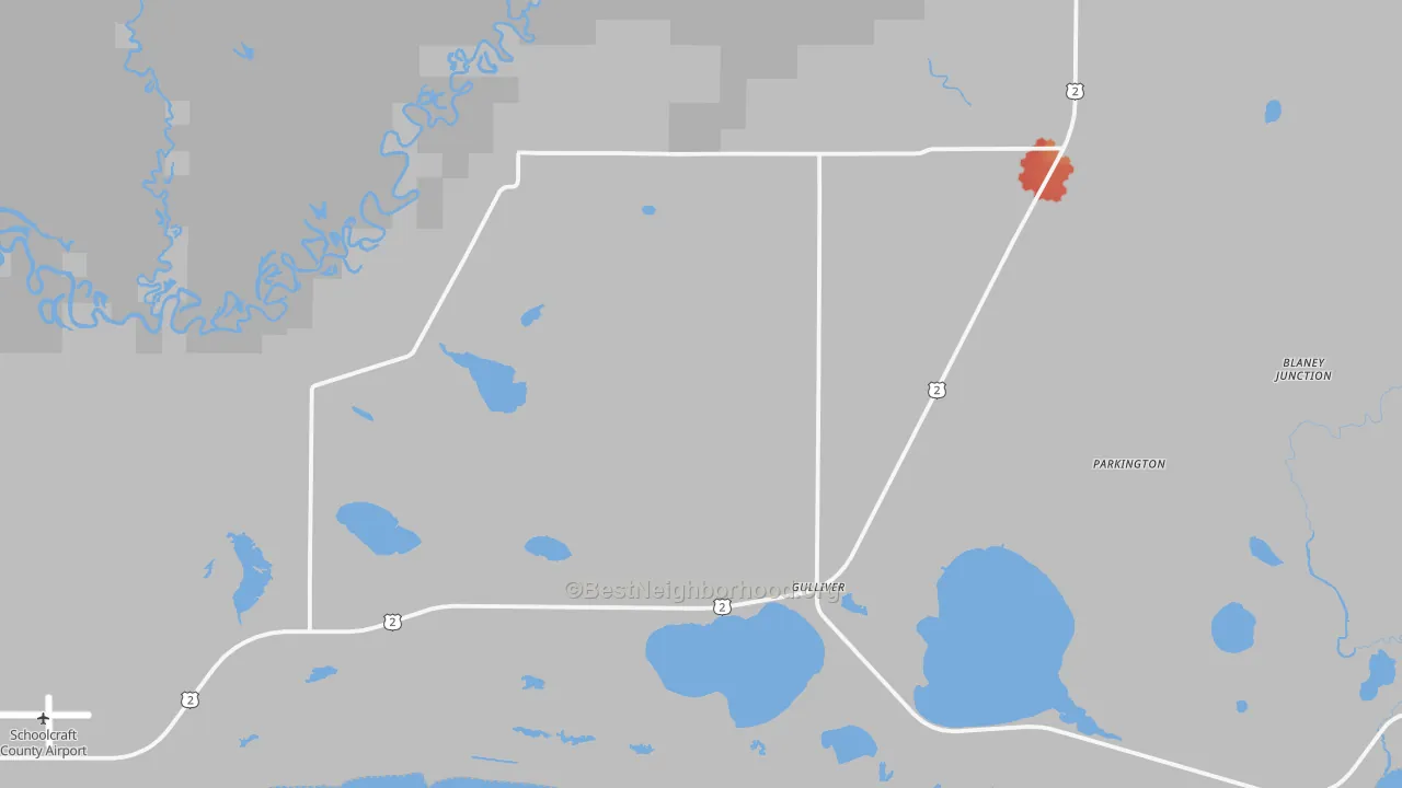 Walk Grade map of Gulliver, MI, walkable areas in green and car-dependent areas in red