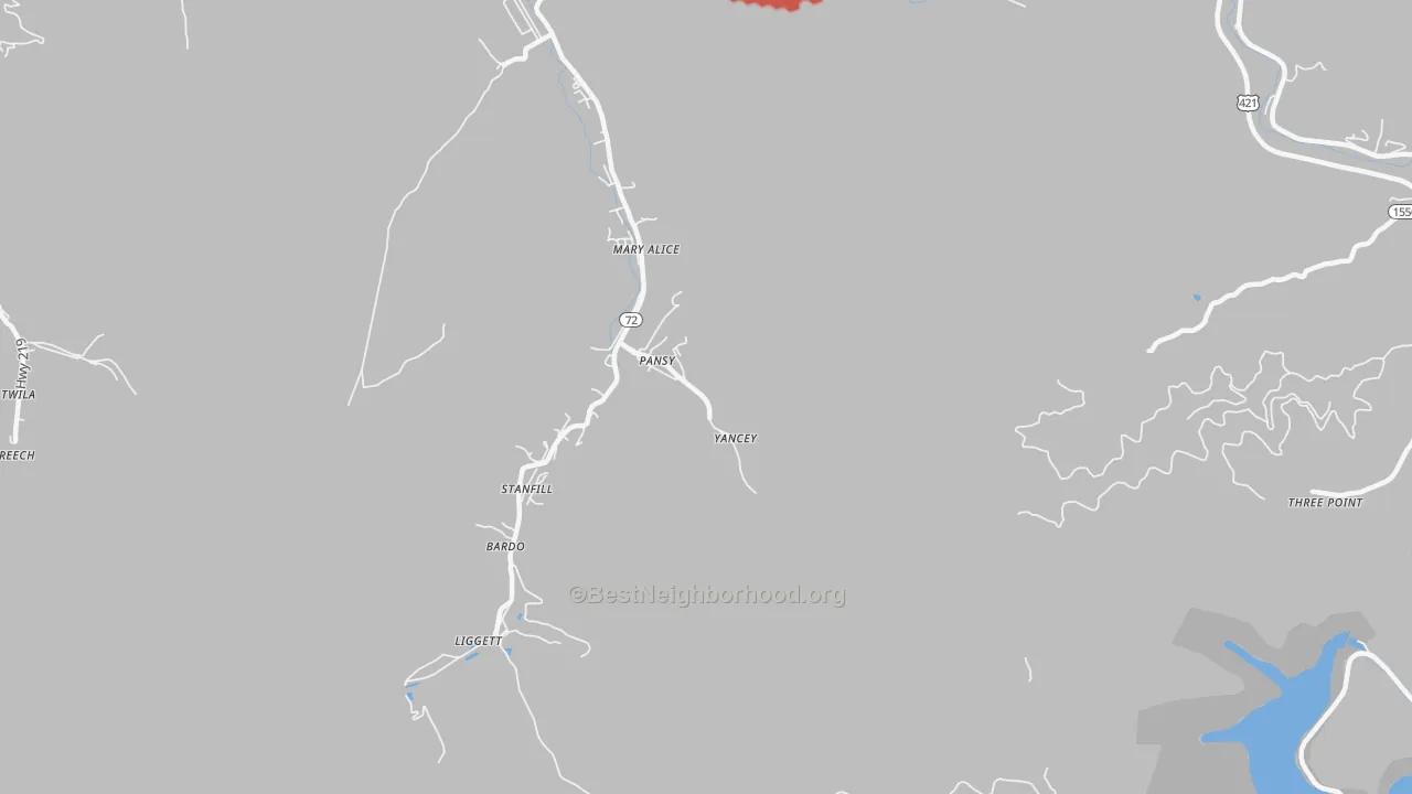 Walk Grade map of Gulston, KY, walkable areas in green and car-dependent areas in red