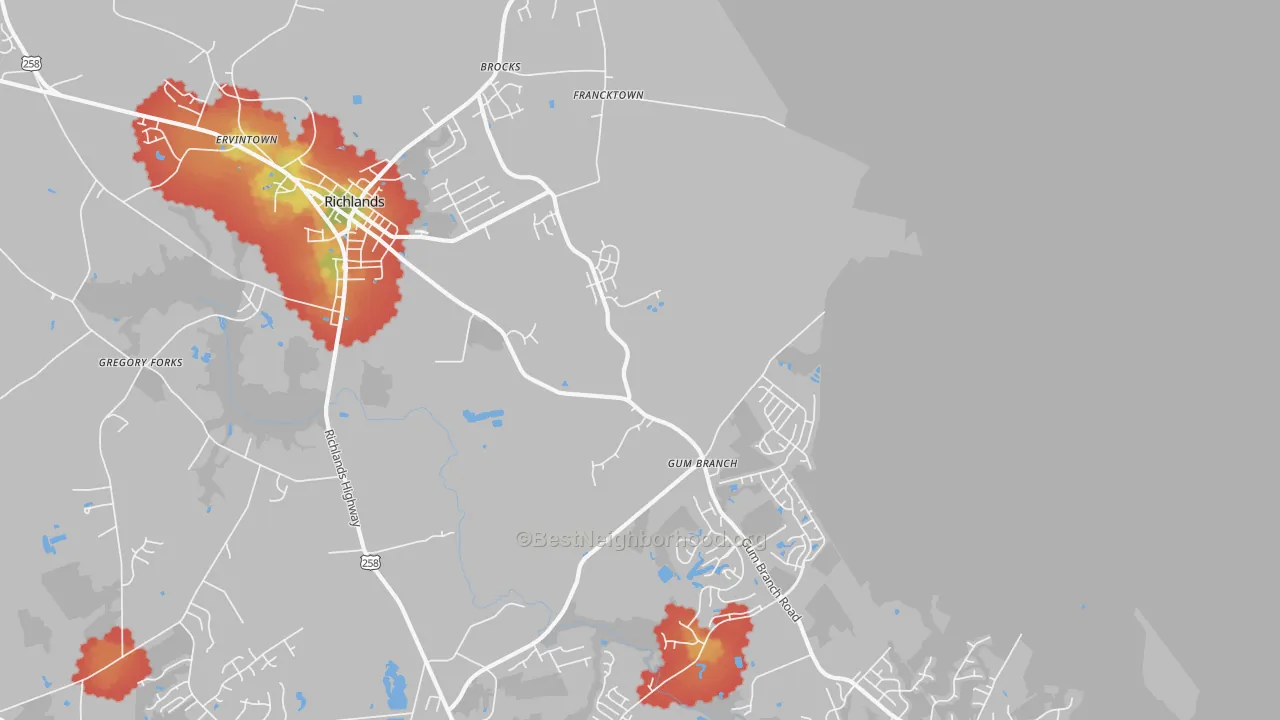 Walk Grade map of Gum Branch, NC, walkable areas in green and car-dependent areas in red