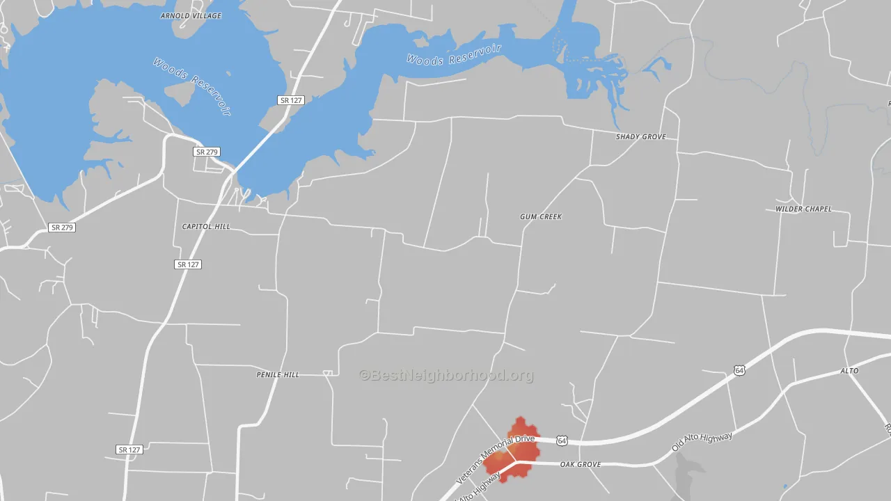 Walk Grade map of Gum Creek, TN, walkable areas in green and car-dependent areas in red