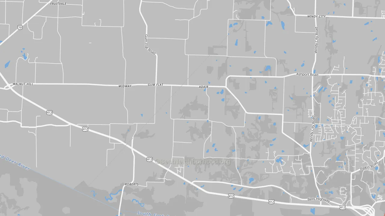 Walk Grade map of Gum Flat, TN, walkable areas in green and car-dependent areas in red