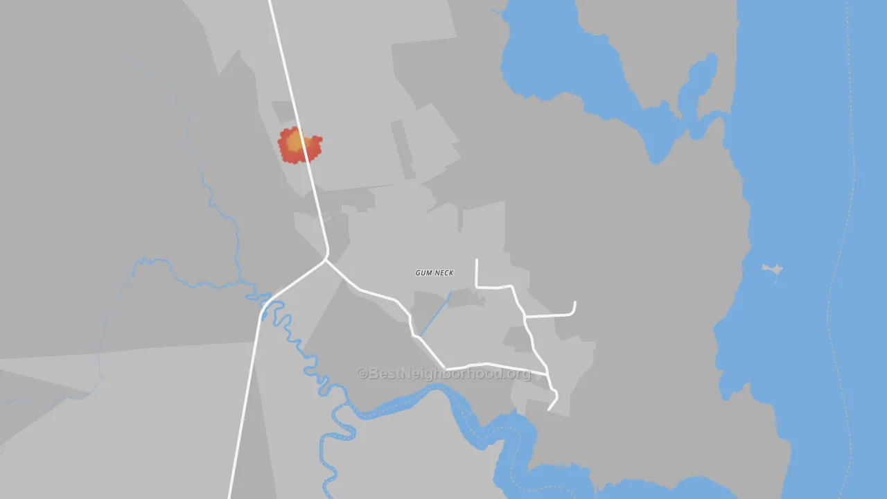 Walk Grade map of Gum Neck, NC, walkable areas in green and car-dependent areas in red